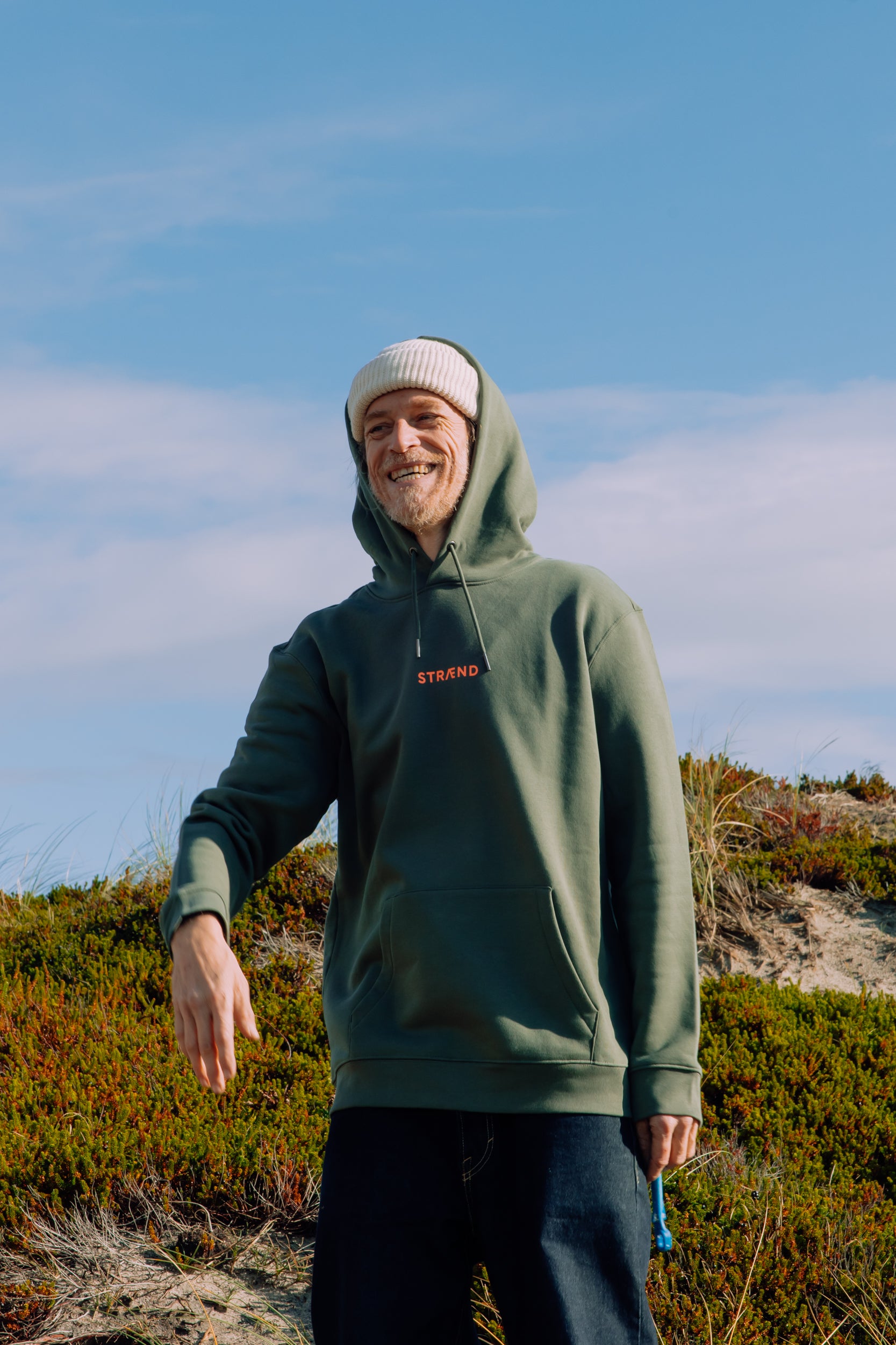 Hoodie in Khaki mit WOW-Sonne in Neon Orange, unisex