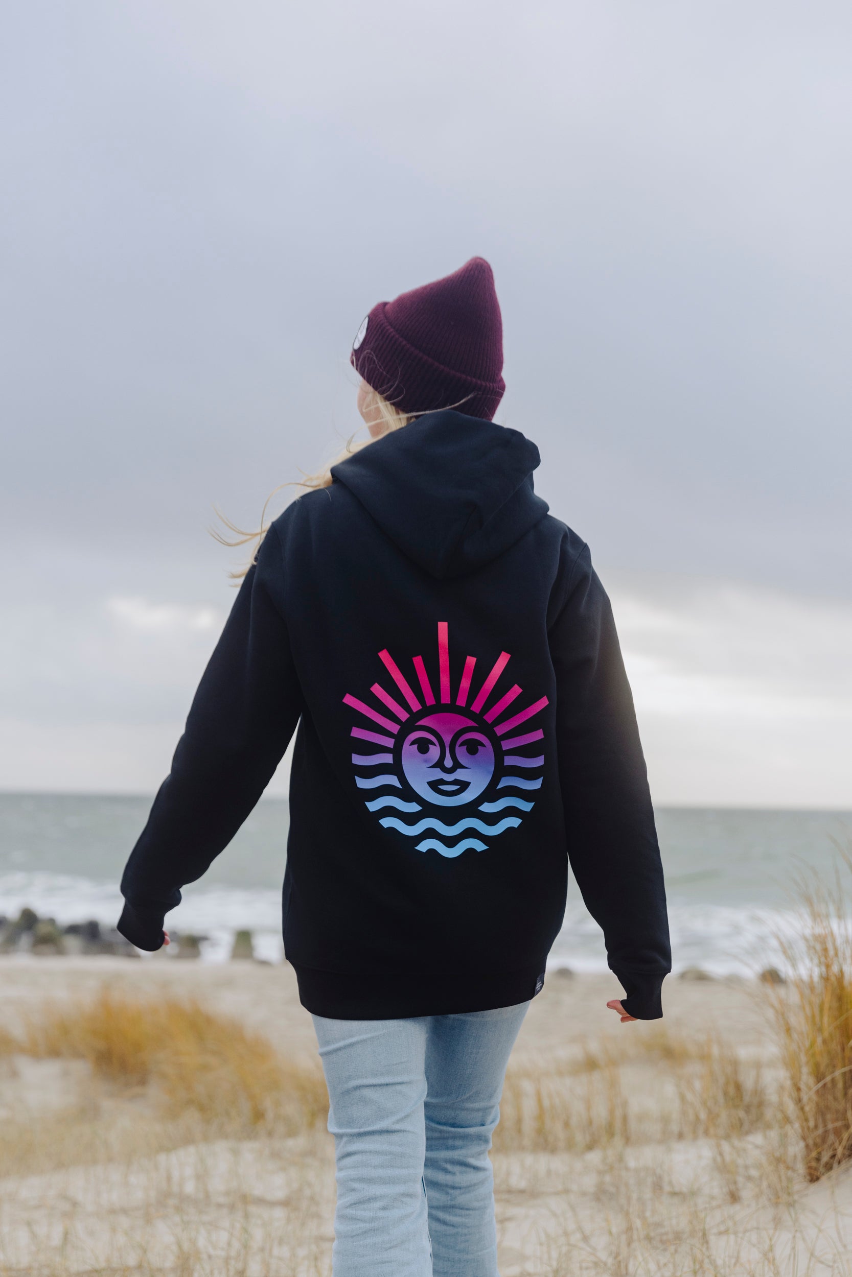 Hoodie Zipper UNISEX Oversize MAGENTA BLACK Sonne Back